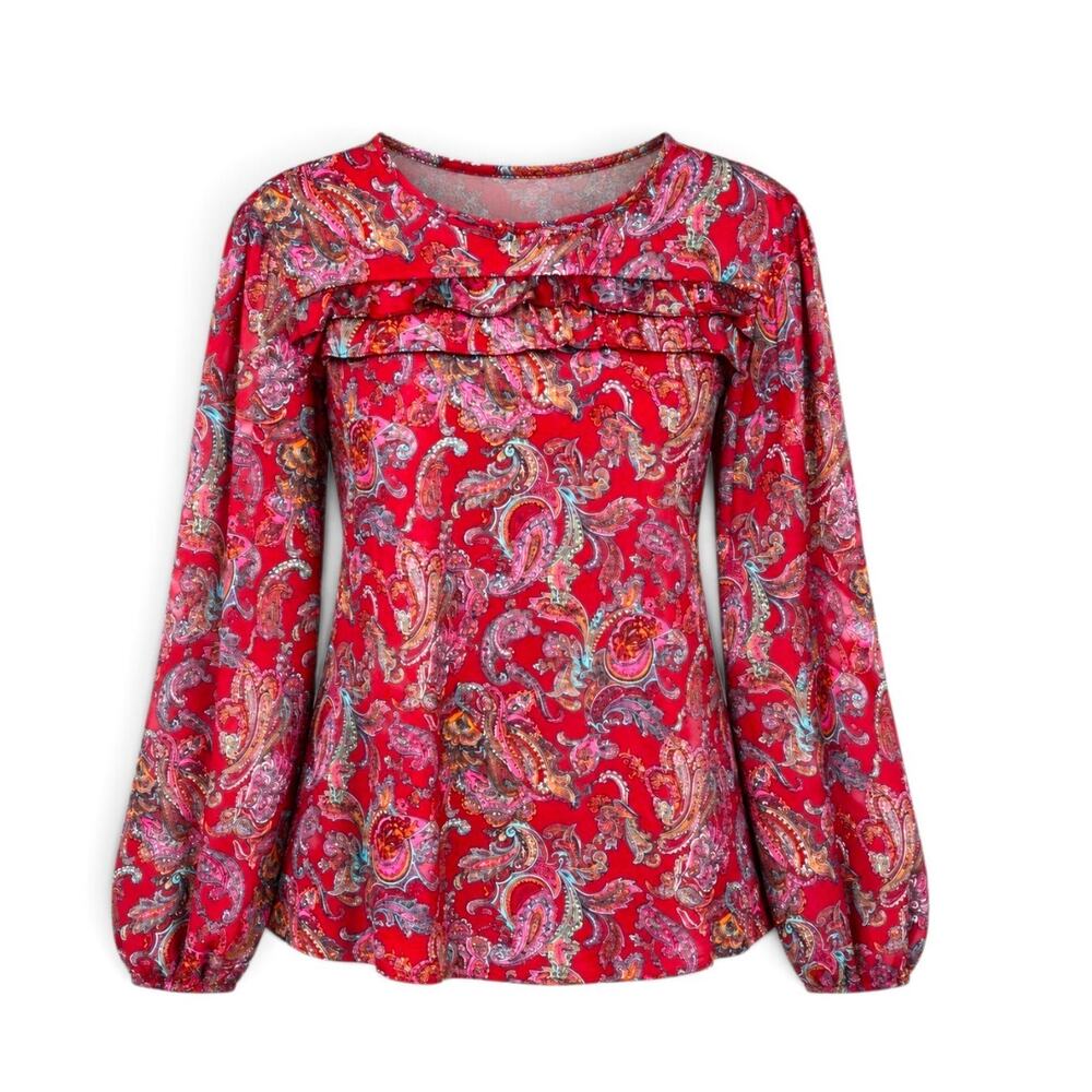 Talbots Petites Blouse Red Paisley Ruffle Long Sleeve Boho Career Top Womens XL